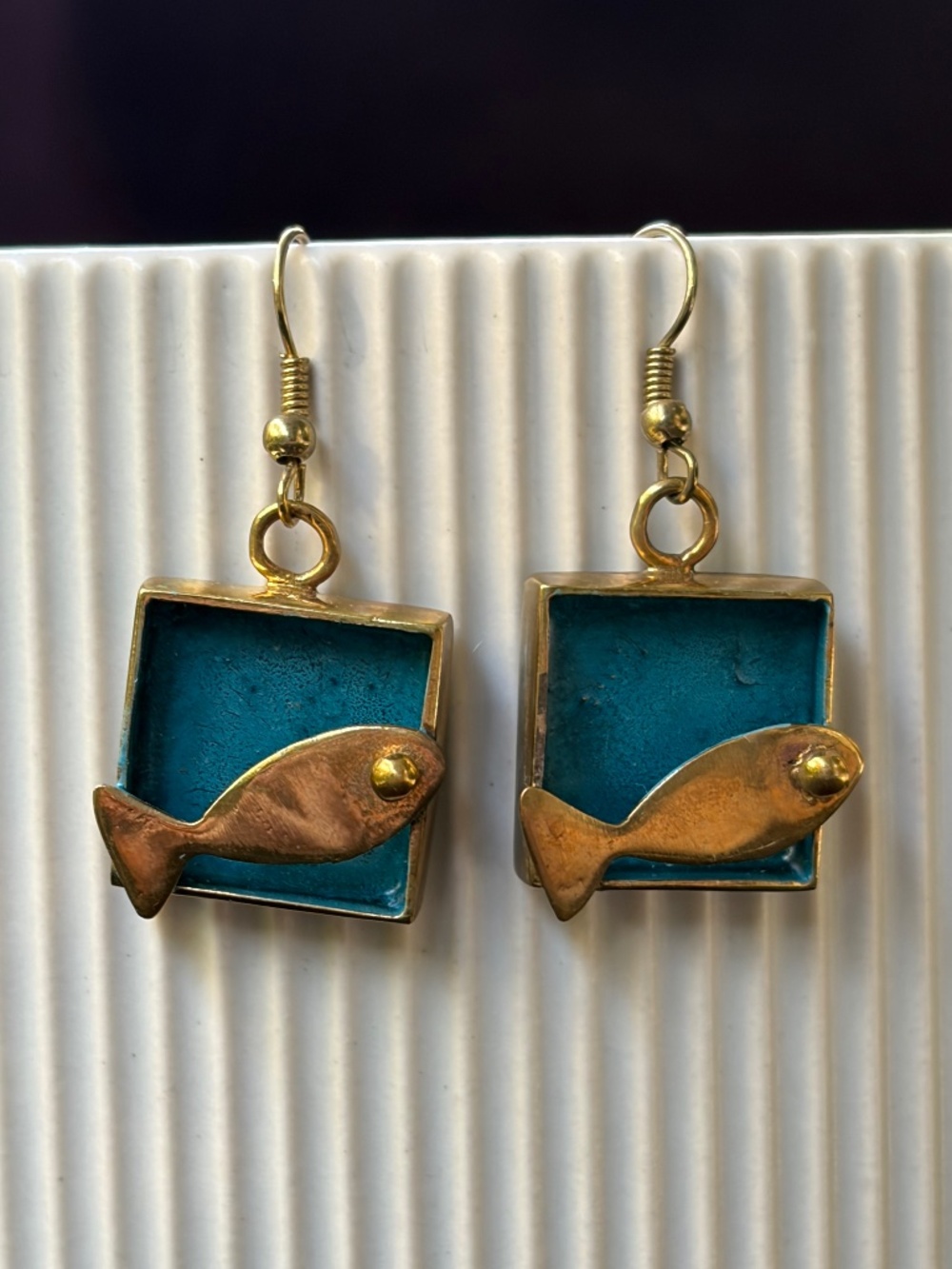 Artisnal enamel fish earrings in gift box, brand new.